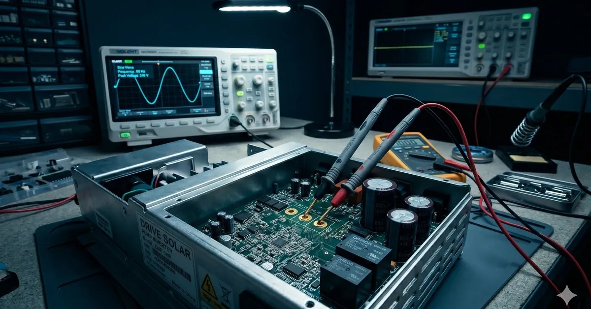 Inversor DRIVE em bancada técnica para diagnóstico eletrônico — TEC Solar
