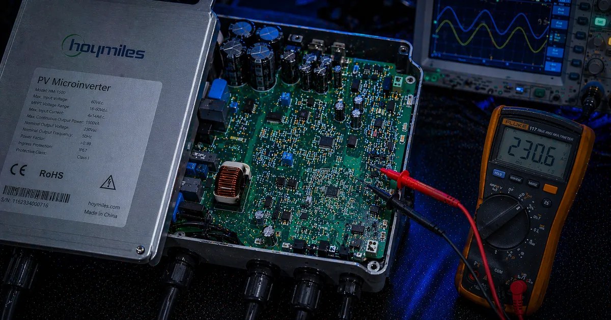 Inversor HOYMILES em bancada técnica para diagnóstico eletrônico — TEC Solar