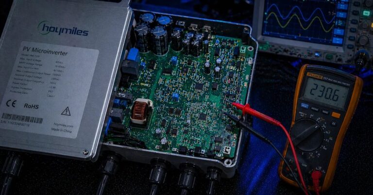 Inversor HOYMILES em bancada técnica para diagnóstico eletrônico — TEC Solar