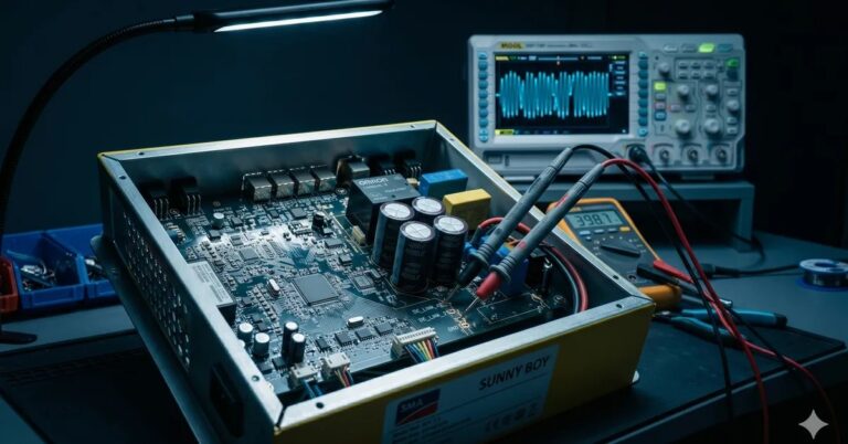 Inversor SMA em bancada técnica para diagnóstico eletrônico — TEC Solar