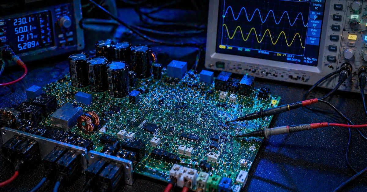 Placa eletrônica de inversor solar em diagnóstico técnico na bancada da TEC Solar