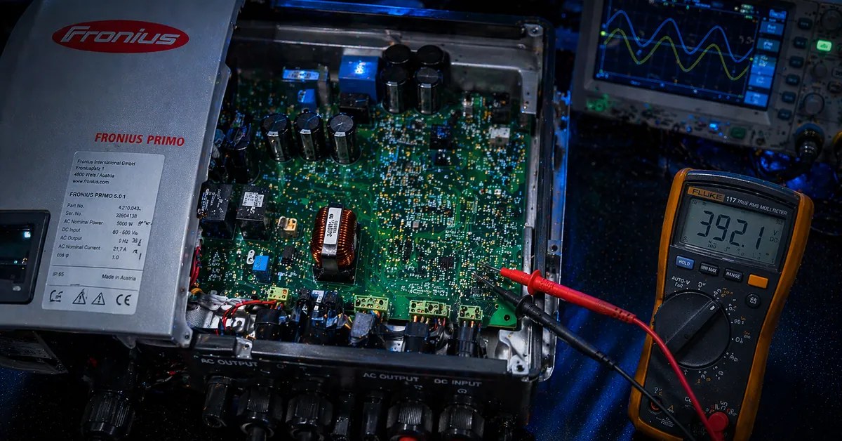 Inversor FRONIUS em bancada técnica para diagnóstico eletrônico — TEC Solar