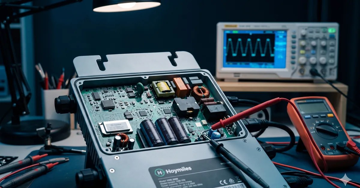Inversor HOYMILES em bancada técnica para diagnóstico eletrônico — TEC Solar