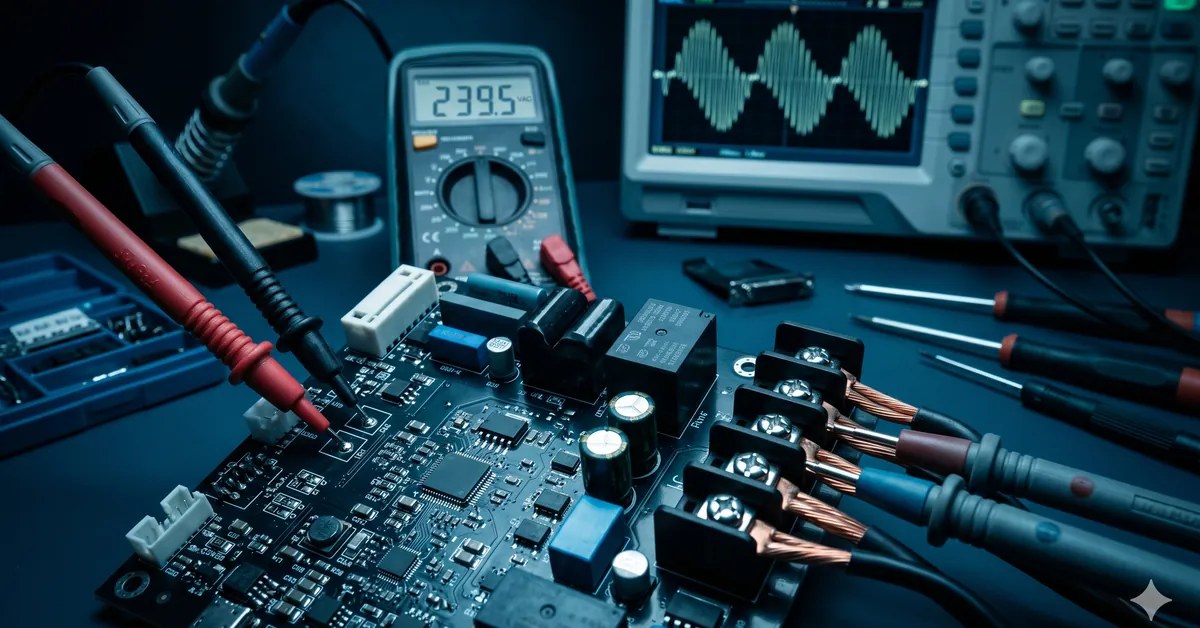 Placa eletrônica de inversor solar em diagnóstico técnico na bancada da TEC Solar