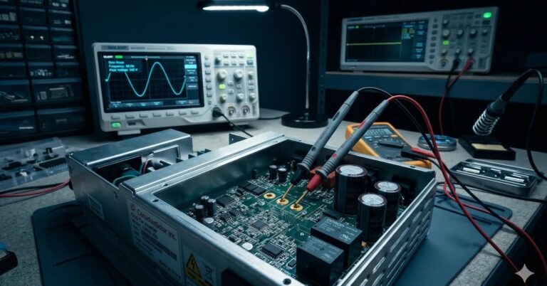 Inversor CANADIAN em bancada técnica para diagnóstico eletrônico — TEC Solar