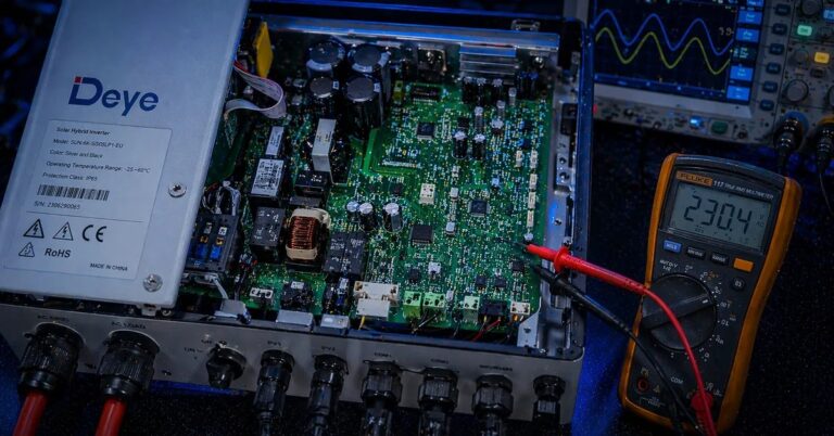 Inversor DEYE em bancada técnica para diagnóstico eletrônico — TEC Solar