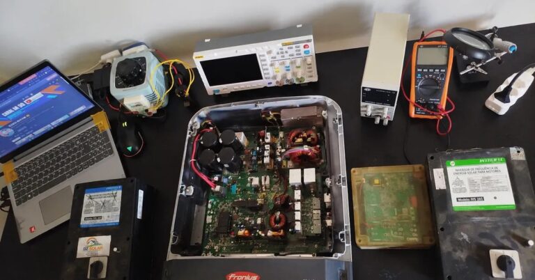 Inversor FRONIUS em bancada técnica para diagnóstico eletrônico — TEC Solar