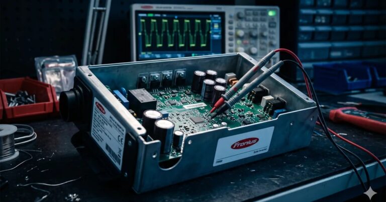 Inversor FRONIUS em bancada técnica para diagnóstico eletrônico — TEC Solar