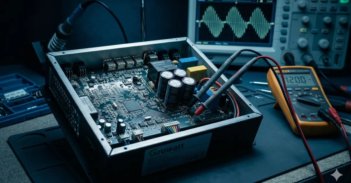 Inversor GROWATT em bancada técnica para diagnóstico eletrônico — TEC Solar