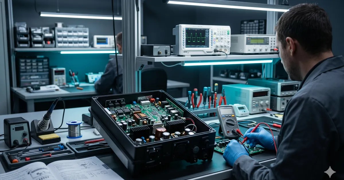 Placa eletrônica de inversor solar em diagnóstico técnico na bancada da TEC Solar