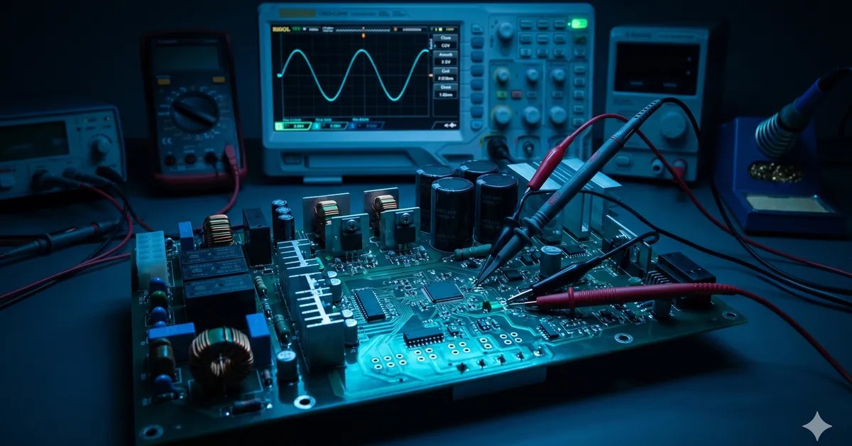 Placa eletrônica de inversor solar em diagnóstico técnico na bancada da TEC Solar