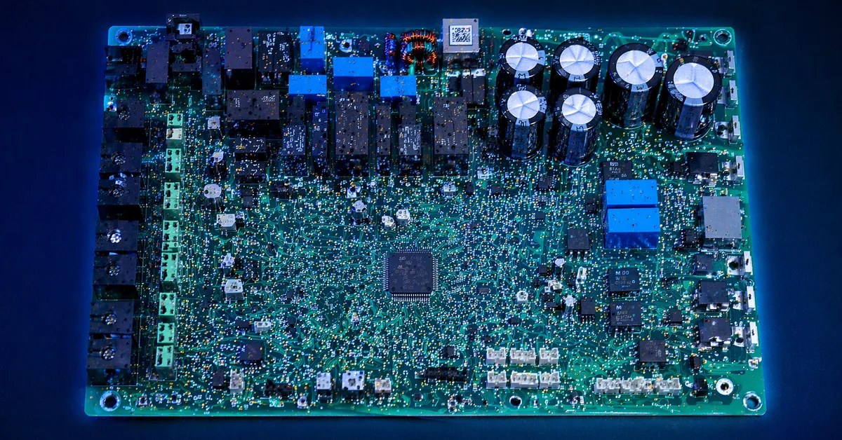 Placa eletrônica de inversor solar em diagnóstico técnico na bancada da TEC Solar