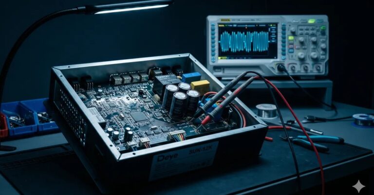 Inversor DEYE em bancada técnica para diagnóstico eletrônico — TEC Solar