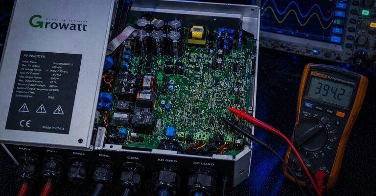 Inversor GROWATT em bancada técnica para diagnóstico eletrônico — TEC Solar