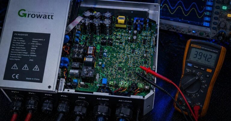 Inversor GROWATT em bancada técnica para diagnóstico eletrônico — TEC Solar