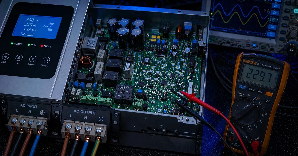 Placa eletrônica de inversor solar em diagnóstico técnico na bancada da TEC Solar