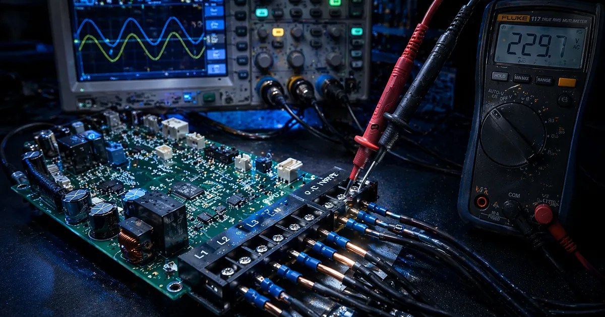Placa eletrônica de inversor solar em diagnóstico técnico na bancada da TEC Solar